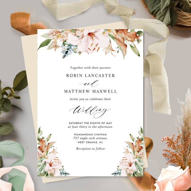 Invitation Fleurs terreuses et Butterie Beige Mariage élégant (Créateur téléchargé)