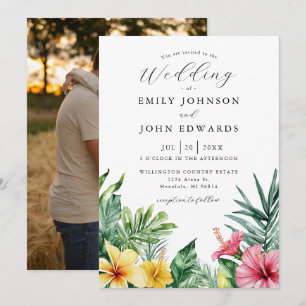 Invitation Fleurs tropicales aquarelle Photo mariage verdure
