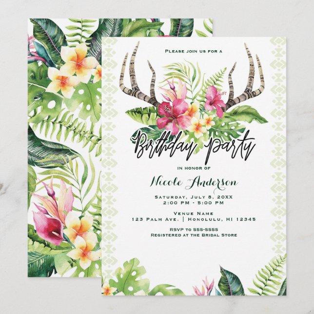 Invitation Fleurs tropicales Boho Rustic Antler fête d'annive (Devant / Derrière)