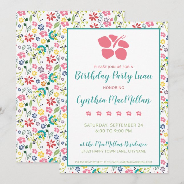 Invitation Fleurs tropicales colorées Anniversaire bohème (Devant / Derrière)