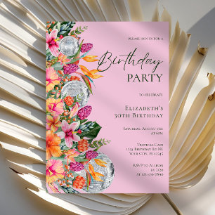 Invitation Fleurs tropicales colorées roses Disco Ball Annive