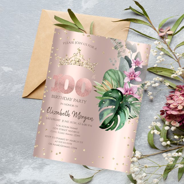 Invitation Fleurs tropicales Diamants Rose Or 100e anniversai (Créateur téléchargé)