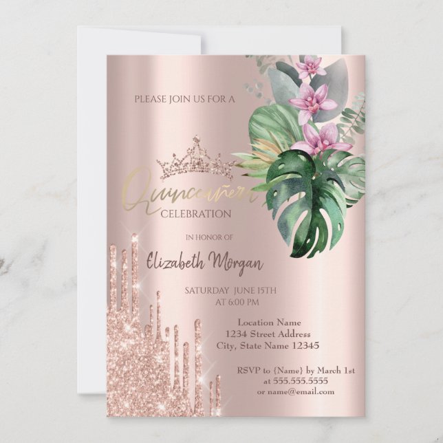 Invitation Fleurs tropicales en goutte de paillettes de rose  (Devant)