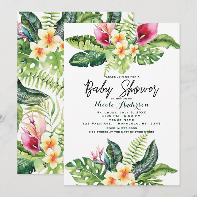Invitation Fleurs tropicales et Baby shower Floral Feuille (Devant / Derrière)