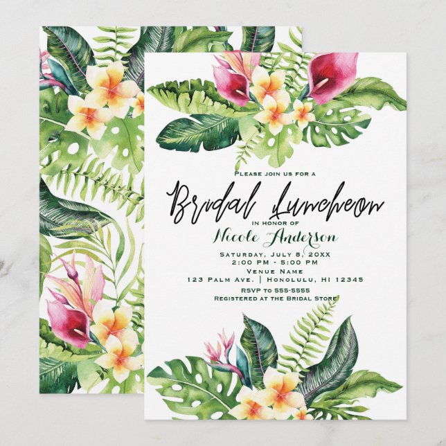 Invitation Fleurs tropicales et déjeuner Feuille floral (Devant / Derrière)