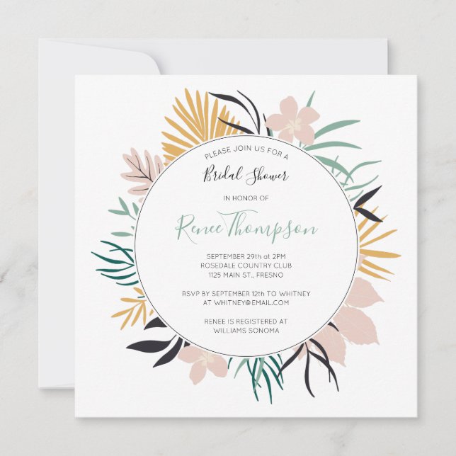 Invitation Fleurs tropicales et Fête des mariées Feuille (Devant)