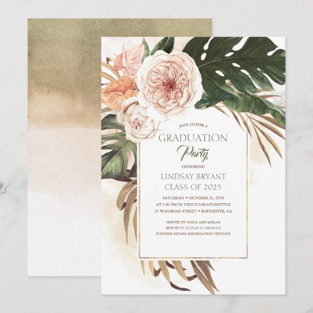 Invitation Fleurs tropicales et feuilles de palme séchées (Devant / Derrière)