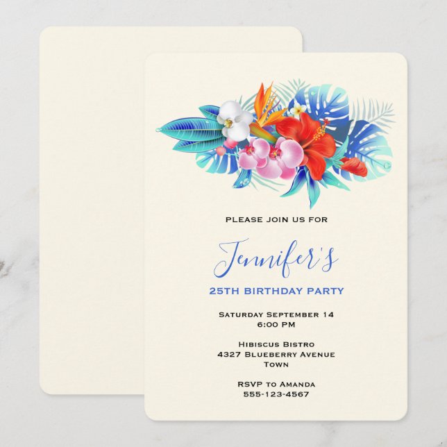 Invitation Fleurs tropicales exotiques - Anniversaire rose et (Devant / Derrière)