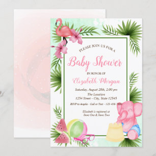 Invitation Fleurs tropicales Flamant rose, Éléphant Baby Show