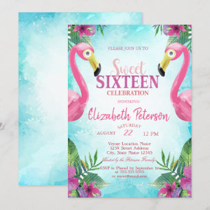 Invitation Fleurs tropicales flamants roses Sweet 16 Party