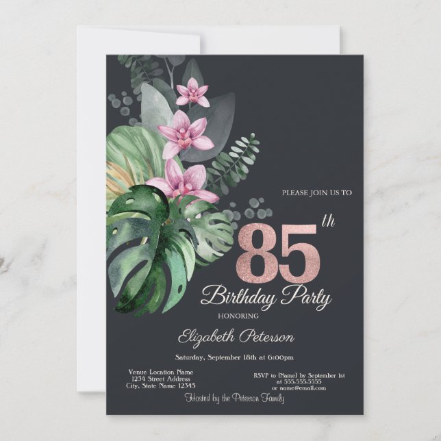 Invitation Fleurs tropicales foncées 85e anniversaire (Devant)