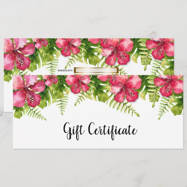 Invitation Fleurs tropicales Hibiscus Certificat cadeau Feuil (Devant / Derrière)