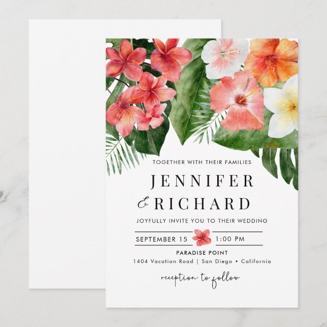 Invitation Fleurs tropicales Mariage Feuille (Devant / Derrière)
