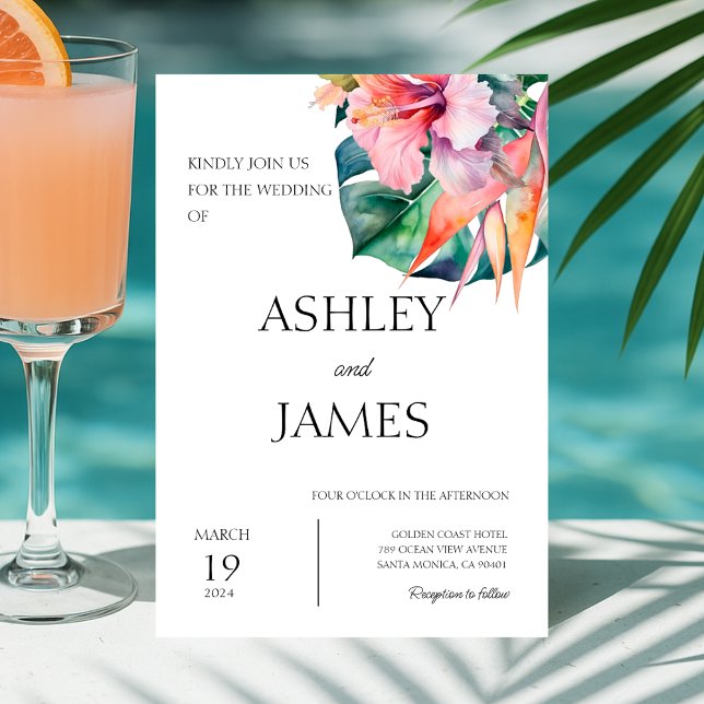 Invitation Fleurs tropicales modernes Mariage de verdure (Modern Tropical Flowers Greenery Wedding Invitation)