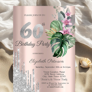 Invitation Fleurs Tropicales Paillettes Gouttes Or Rose 60 an