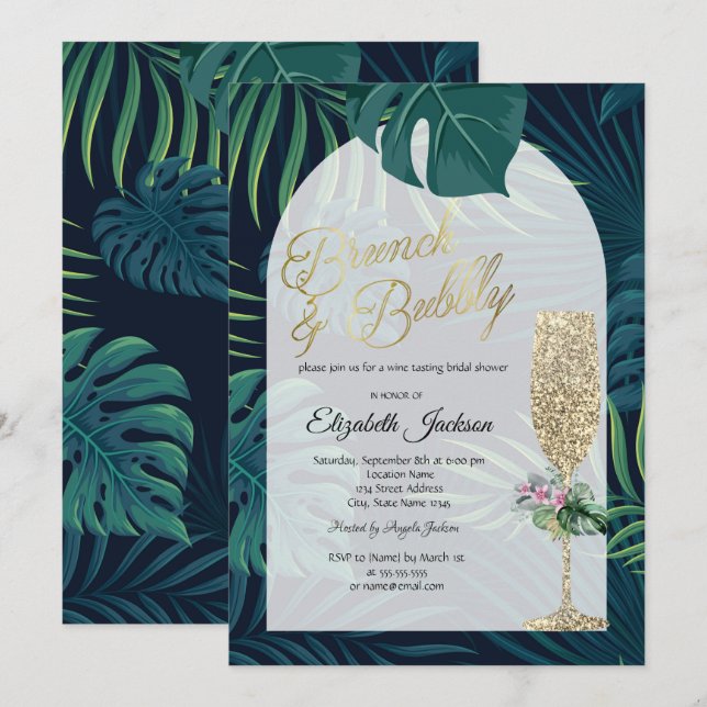 Invitation Fleurs tropicales Palm Feuille verre de champagne  (Devant / Derrière)