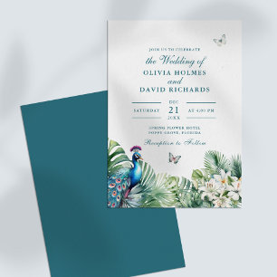 Invitation Fleurs tropicales papillon mariage sarcelle paon