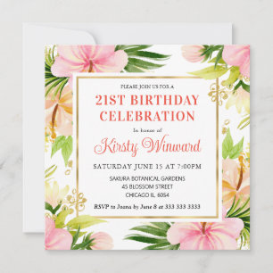 Invitation Fleurs tropicales roses aquarelles pour anniversai