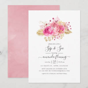Invitation Fleurs tropicales roses et or Sip and See