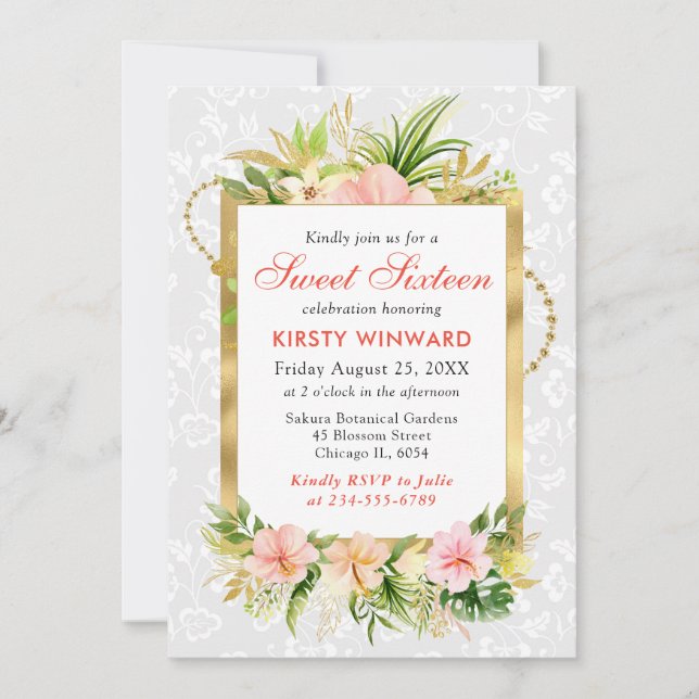 Invitation Fleurs tropicales roses Gold Foil Sweet 16 (Devant)