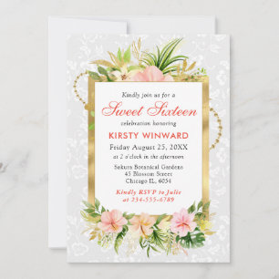 Invitation Fleurs tropicales roses Gold Foil Sweet 16