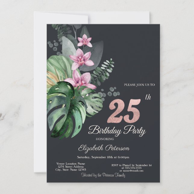 Invitation Fleurs tropicales Sombre 25e anniversaire (Devant)