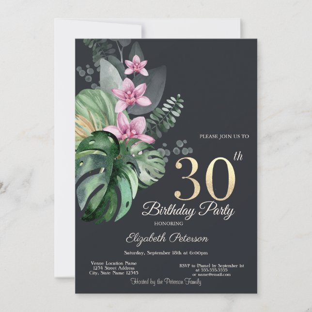 Invitation Fleurs tropicales Sombre 30e anniversaire (Devant)