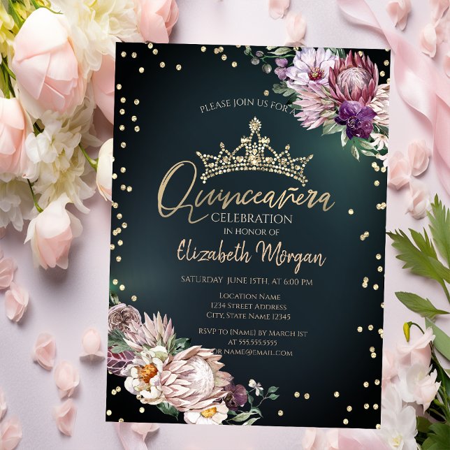 Invitation Fleurs tropicales Tiara Diamonds Vert Quinceañera (Créateur téléchargé)