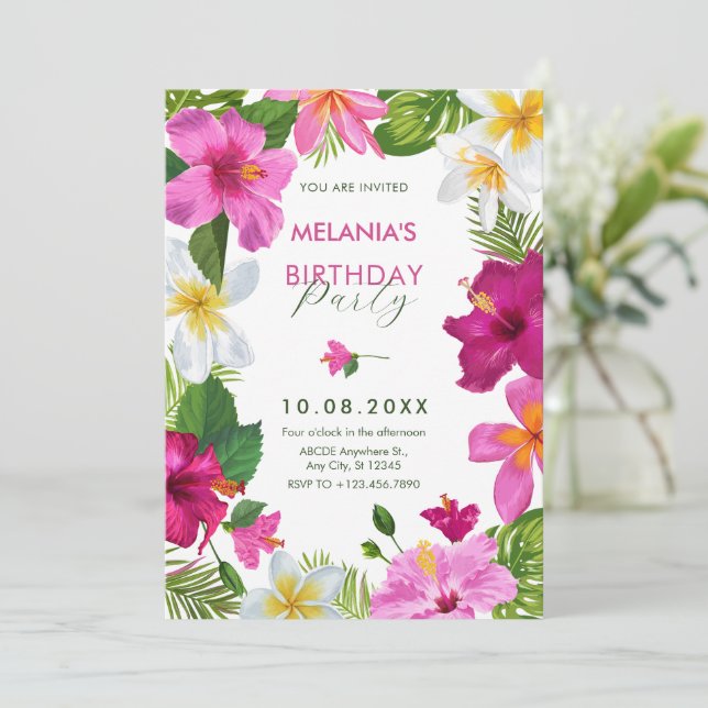 Invitation Fleurs tropicales vibrantes anniversaire (Debout devant)