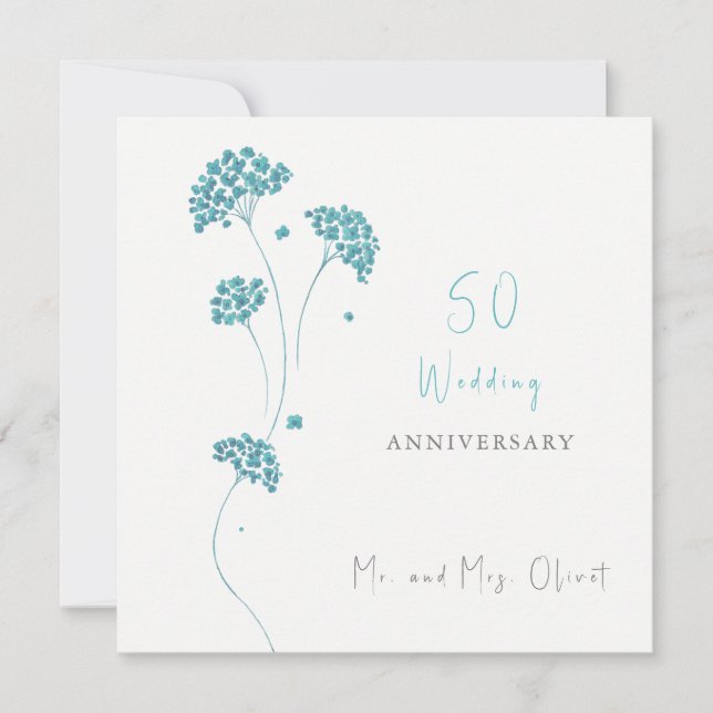 Invitation Fleurs turquoise mignonnes Anniversaire Mariage 50 (Devant)