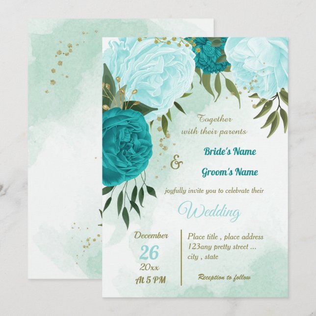 Invitation fleurs turquoise vert feuille mariage (Devant / Derrière)