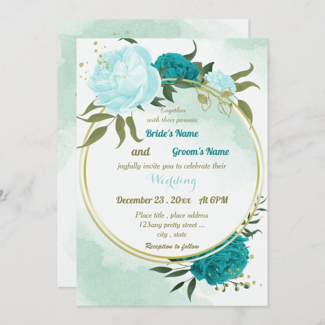 Invitation fleurs turquoise vert feuille mariage (Devant / Derrière)