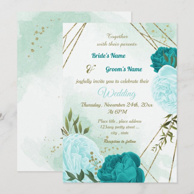 Invitation fleurs turquoise vert feuille mariage (Devant / Derrière)