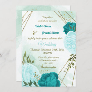 Invitation fleurs turquoise vert feuille mariage