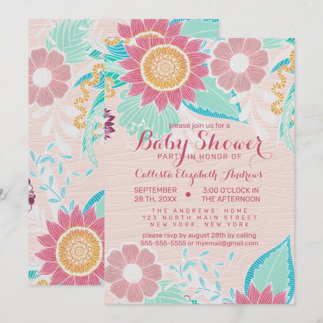 Invitation Fleurs Turquoises roses Feuilles Baby shower peint (Devant / Derrière)