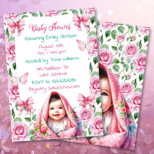 Invitation Fleurs, vaches et papillons Baby shower rose