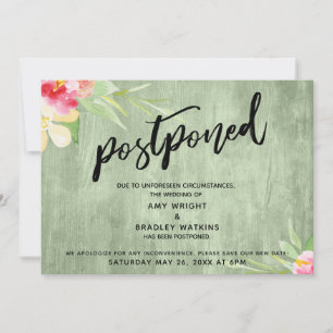 Invitation Fleurs vert bois écriture Mariage postponé