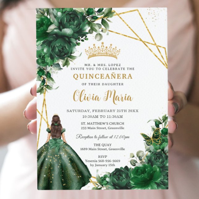 Invitation Fleurs vert émeraude chic Floral Quinceañera (Créateur téléchargé)