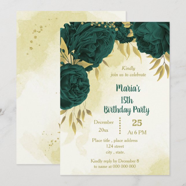 Invitation Fleurs vert émeraude or feuilles anniversaire (Devant / Derrière)