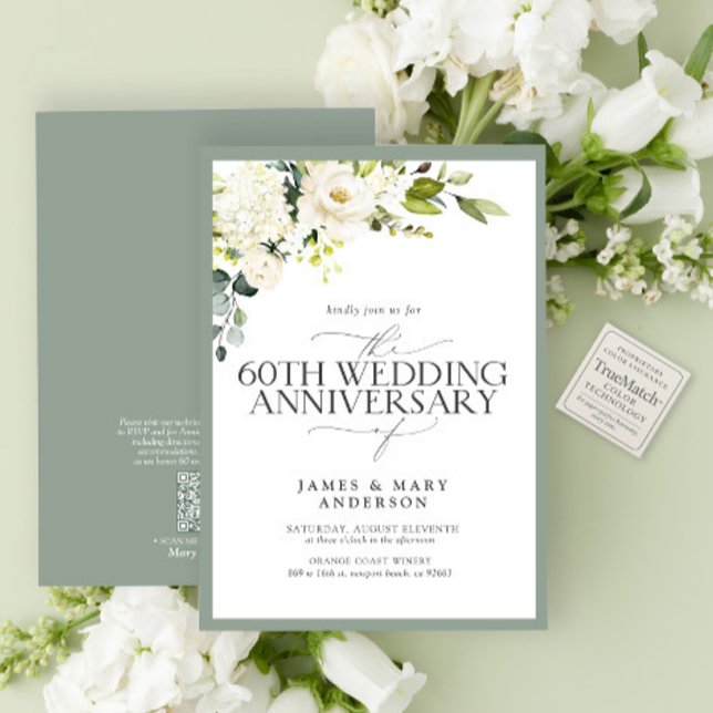 Invitation Fleurs vertes blanches QR 60e anniversaire de Mari (Créateur téléchargé)