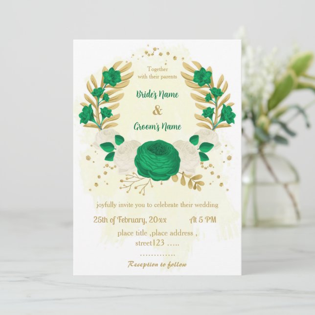 Invitation fleurs vertes et blanches or mariage (Debout devant)
