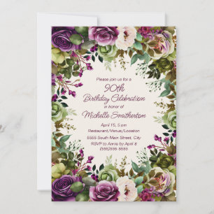 Invitation Fleurs Vertes Florales Rose Violet 90e Anniversair
