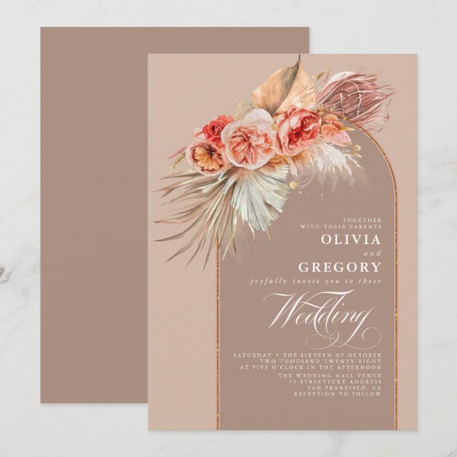 Invitation Fleurs vibrantes et Mariage en laiton de la Pampas (Devant / Derrière)
