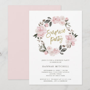 Invitation Fleurs Vintage Fête surprise à l'aquarelle rose