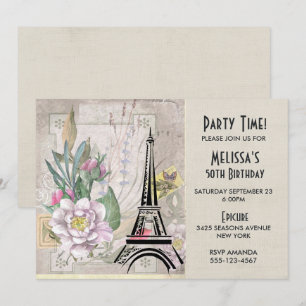 Invitation Fleurs Vintage, Tour Eiffel et Anniversaire Burlap