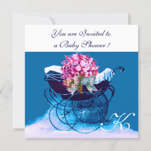 Invitation FLEURS vintages PRAM BÉBÉ BLEU BOYER DOUCHE MONOGR