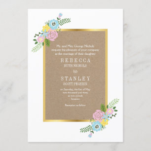 Invitation Fleurs vintages roses et aqua, mariage en papier k