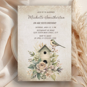 Invitation Fleurs Vintages rustiques d'oiseaux 100e anniversa
