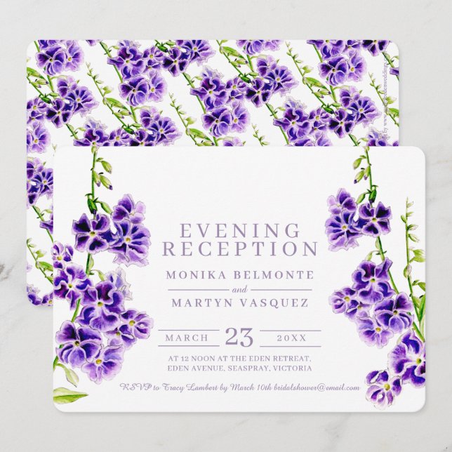 Invitation Fleurs violettes aquarelle réception du soir (Devant / Derrière)