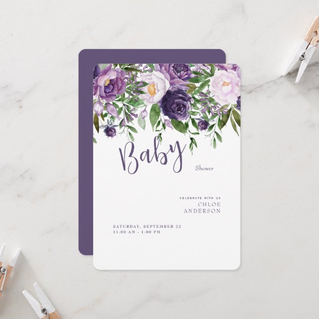 Invitation Fleurs violettes Baby Girl Douche arrondie (Devant/Arrière en situation)